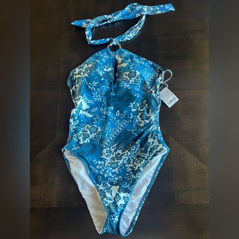 $165 NWT Ralph Lauren Printed Ring Halter Neck One Piece Blue Floral Swimsuit